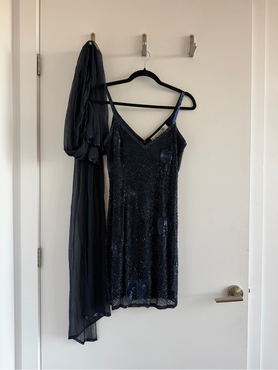 Oleg Cassini Dresses & Skirts - Vintage Holt Renfrew Silk Beaded Navy Dress with Scarf BLACKTIE OLEG CASSINI